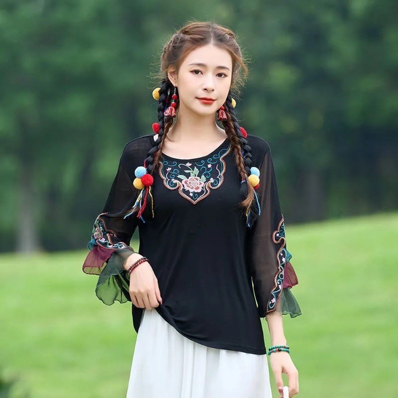 Shirts - T-shirt Embroidered Summer Round Neck Bell